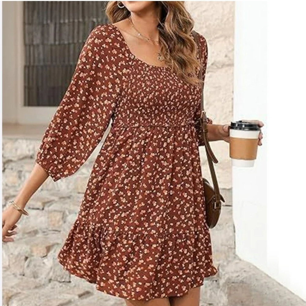 Rust Floral Smocked Mini Dress with Ruffled Hem Size M